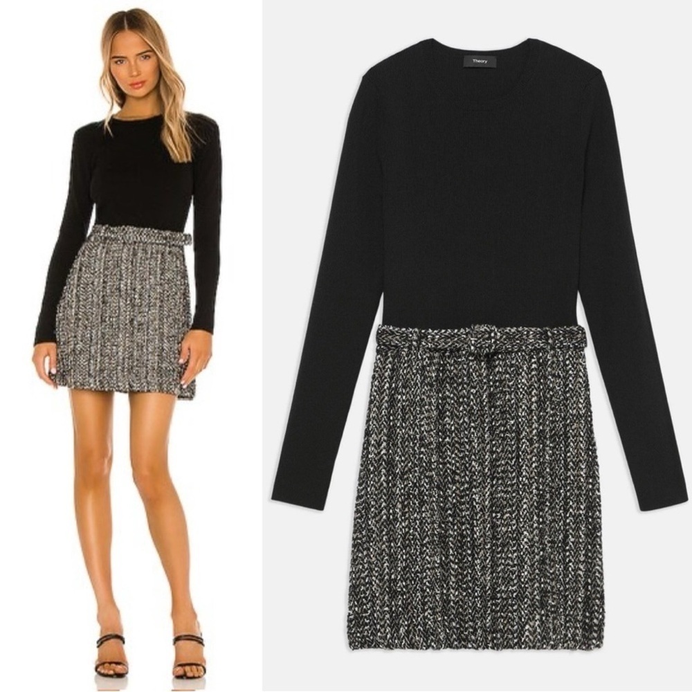 NWT Theory Long Sleeve Knit Tweed Combo Mini Dress Black Multi size XS